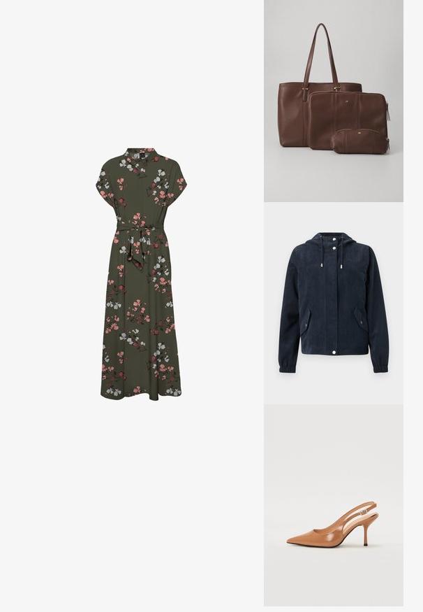 Tumesinine sametjakk kapuutsiga, ees pügala-klambritega, soonikkoes mansettide ja kahe klapiga taskuga, mis kinnituvad klambritega.; Tumedal floral trükkiga maxi-kleit, millel on lühikesed varrukad, krae, vöökoht ja voogav siluett roosa ja valge aksentidega.; Küüntega slingback konts, mis on valmistatud siledast ja läikivast tan värvi materjalist. Omab kaarjat lõigatud disaini ja õhukest stiletto kontsa. Hõbedane pandla detail.; Pruun nahast kott, mille kaasas on kaks sobivat kottide otsa; kottidel on pikad käepidemed, samas kui kottidel on lukud ja need on erineva suurusega. Kuldased aksessuaarid on kaasatud.