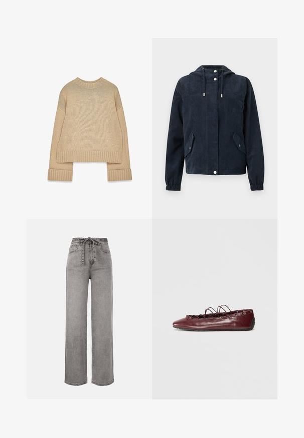 Mørkeblå kordfløjlsjakke med hætte, knapper foran med trykknapper, elastiske manchetter og to klaplommer med trykknaplukninger.; Beige strikket sweater med ribbet rund halsudskæring, manschetter og kant, der har lange ærmer og en let oversized pasform.; Højtaljede, viddebenede grå denimjeans med et stofbælte bundet foran og forlommer.; Burgundy læder balletflade med spids tå, snøredetaljer foran, og sølvøjer. Blød sål for fleksibilitet og komfort.