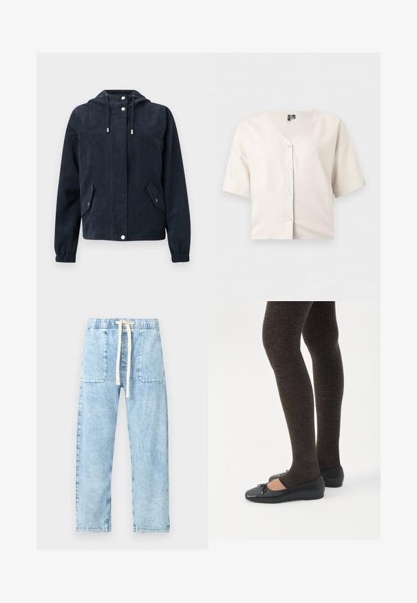 Veste en velours côtelé bleu foncé avec capuche, boutons-pression à l'avant, poignets élastiques et deux poches à rabat avec fermetures par pression.; Cardigan beige à manches courtes avec boutons, col en V et épaules tombantes, présenté sur un fond clair uni.; GAP Petite EASY VAN NESS - Jean baggy - light indigo; Jambes portant des leggings côtelés foncés associés à des ballerines noires avec de petits détails en nœud sur fond blanc.