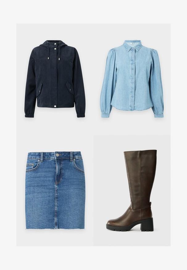 Veste en velours côtelé bleu foncé avec capuche, boutons-pression à l'avant, poignets élastiques et deux poches à rabat avec fermetures par pression.; Chemise en denim bleu clair avec un col pointu, une patte de boutonnage à l'avant et des manches longues bouffantes. Texture lisse avec un ourlet arrondi.; Mini-jupe en denim bleu avec fermeture avant à boutons et zip, poches avant et poche monnaie, et ourlet brut.; Bottine en cuir marron jusqu'au genou avec un talon épais noir et une finition texturée. Présente un bout rond et des détails de couture latérale subtils.