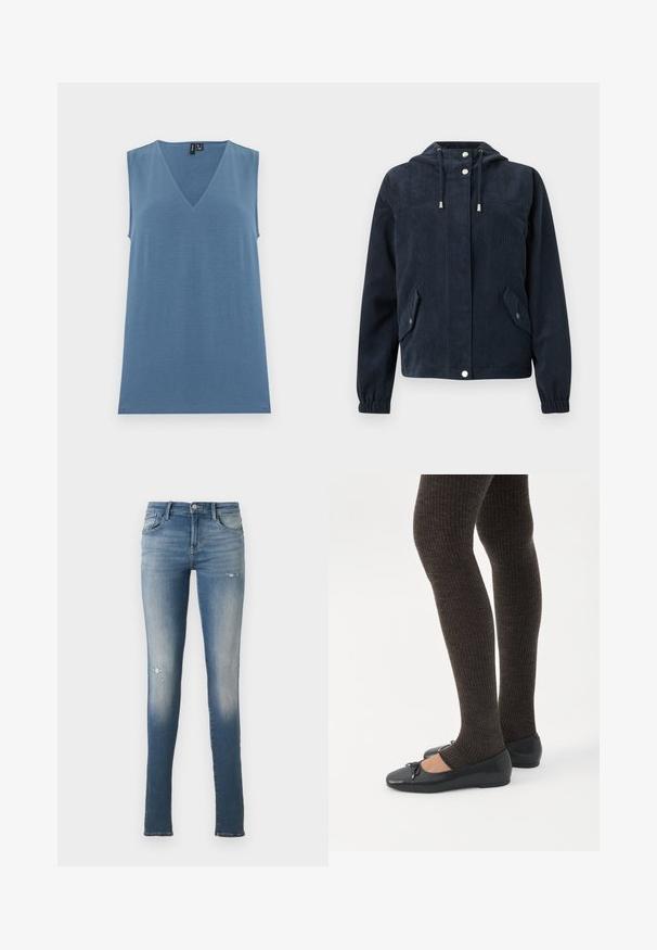 Veste en velours côtelé bleu foncé avec capuche, boutons-pression à l'avant, poignets élastiques et deux poches à rabat avec fermetures par pression.; Haut bleu tricoté sans manches avec col en V, ourlet droit et texture lisse, présenté sur un fond blanc uni.; Jean skinny bleu délavé avec des détails légèrement usés sur les cuisses et un design cinq poches, présenté sur un fond clair uni.; Jambes portant des leggings côtelés foncés associés à des ballerines noires avec de petits détails en nœud sur fond blanc.