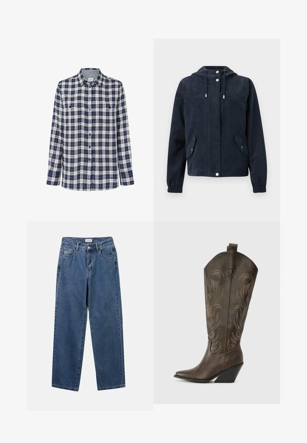 Chaqueta azul oscuro de pana con capucha, botones a presión en la parte delantera, puños elásticos y dos bolsillos con solapa y cierre de botón a presión.; Camisa de franela de cuadros en azul marino, blanco y rojo. Mangas largas, cierre de botones, dos bolsillos en el pecho y un sutil logo en el dobladillo.; Jeans de mezclilla azul clásico con un diseño de pierna recta, cinco bolsillos y cierre de botón. Presenta un lavado medio y una textura resistente.; Bota de vaquero de cuero marrón con puntera afilada, tacón en cuña y bordado decorativo. Presenta un caña alta y una lengüeta de agarre.