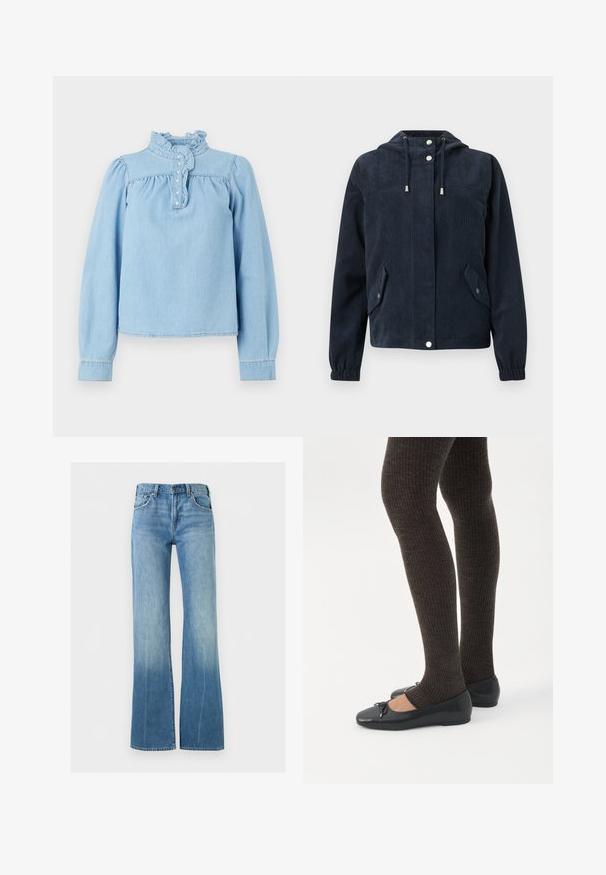 Chaqueta azul oscuro de pana con capucha, botones a presión en la parte delantera, puños elásticos y dos bolsillos con solapa y cierre de botón a presión.; Blusa de mezclilla azul claro con un cuello con volantes, botonera en la parte frontal y mangas largas abullonadas. Textura suave con detalles fruncidos.; Pantalones vaqueros de mezclilla azul claro con cintura alta y piernas acampanadas, con bolsillos delanteros y cierre de botón.; Piernas con leggings oscuros acanalados combinados con bailarinas negras que presentan pequeños detalles de lazo sobre un fondo blanco.