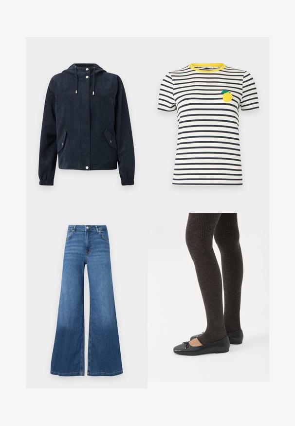 Donkerblauwe corduroy jas met kap, drukknopen aan de voorkant, elastische manchetten en twee klepzakken met druksluitingen.; Wit-zwart horizontaal gestreept T-shirt met korte mouwen, gele halslijn en een citroenpatch op de linkerborst.; Wijdvallende blauwe spijkerbroek van denim, met een hoge taille, voorzakken en een rechte zoom. Geen zichtbare patronen of versieringen.; Benen met donkere geribbelde leggings gecombineerd met zwarte ballerina's met kleine strikdetails op een witte achtergrond.