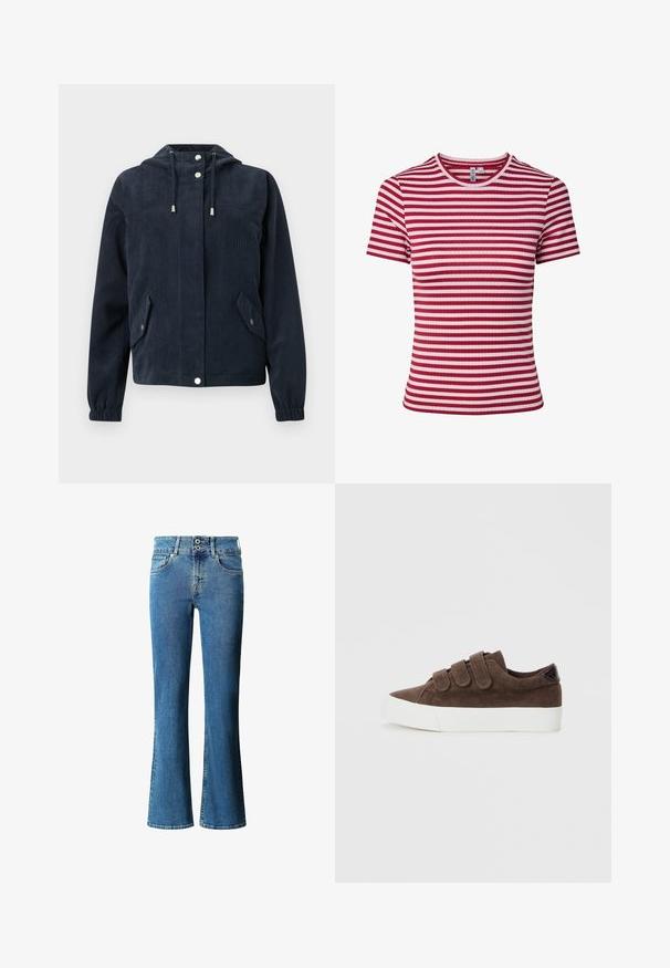 Veste en velours côtelé bleu foncé avec capuche, boutons-pression à l'avant, poignets élastiques et deux poches à rabat avec fermetures par pression.; T-shirt à manches courtes en maille côtelée avec des rayures horizontales rouges et roses et un col rond.; Jean en denim évasé bleu moyen, doté d'une taille haute, d'une fermeture à deux boutons, d'un design classique à cinq poches et d'un léger délavage sur l'ensemble.; Baskets en velours côtelé marron avec trois bandes Velcro, semelle en caoutchouc blanc et tissu texturé pour plus de détail.