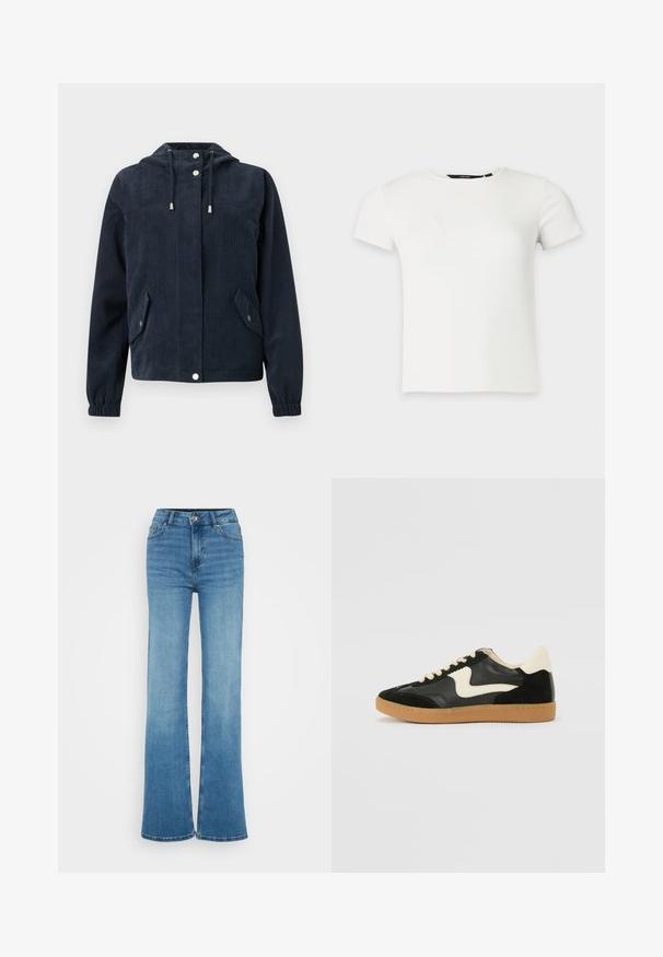 Donkerblauwe corduroy jas met kap, drukknopen aan de voorkant, elastische manchetten en twee klepzakken met druksluitingen.; Wit geribbeld gebreid T-shirt met korte mouwen en een ronde hals, weergegeven op een effen lichtgrijze achtergrond.; Hoge taille blauwe denim flared jeans met een soepele textuur, stiksels op de voortaschen en onafgewerkte zomen bij de brede pijpenopeningen.; Zwarte suède en leren sneaker met een crèmekleurige zij-swoosh en lichte crèmekleurige hiel. Voorzien van beige veters en een gumrubberen zool.