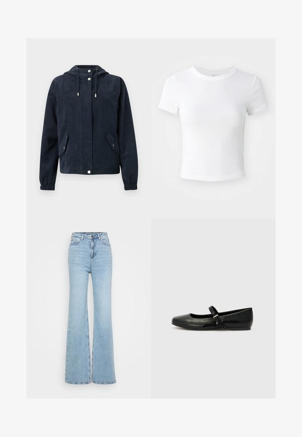 Dunkelblaue Cordjacke mit Kapuze, vorderen Druckknöpfen, elastischen Bündchen und zwei Klappentaschen mit Druckknopfverschluss.; Weißes, kurzärmeliges, cropped T-Shirt mit Rundhalsausschnitt, auf einem neutralen, hellen Hintergrund präsentiert.; Helle blaue Schlagjeans aus Denim, mit hohem Bund, Fünf-Taschen-Design und ungesäumtem Saum unten. Die Textur ist leicht abgenutzt.; Schwarze Leder-Ballerinas mit einer runden Spitze, einer flachen Sohle und einem dünnen, verstellbaren Riemen über dem Spann mit einer Metallschnalle.
