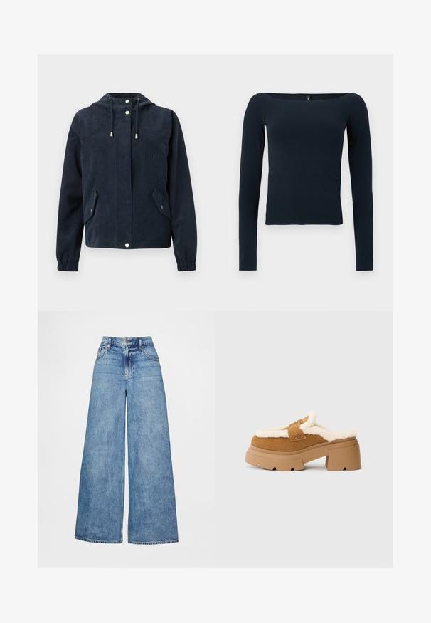 Veste en velours côtelé bleu foncé avec capuche, boutons-pression à l'avant, poignets élastiques et deux poches à rabat avec fermetures par pression.; Haut ajusté bleu marine à manches longues avec un large décolleté carré, sans motifs ni logos visibles.; Jeans à jambes larges en denim bleu clair, dotés d'une taille haute, de poches avant et d'une fermeture classique par bouton. Texture lisse sans motifs visibles.; Chaussures à enfiler en daim marron avec une doublure crémeuse et duveteuse, semelle plateforme épaisse et talon carré. Présentent une sangle cousue sur le haut.