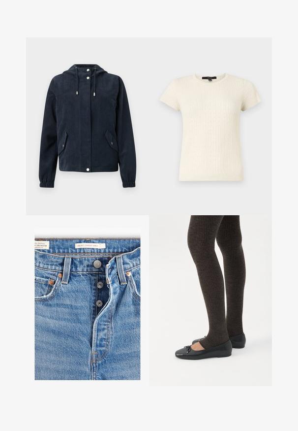 Chaqueta azul oscuro de pana con capucha, botones a presión en la parte delantera, puños elásticos y dos bolsillos con solapa y cierre de botón a presión.; Top de punto crema de manga corta con textura acanalada y pequeño patrón de puntos perforados, escote redondo y silueta ajustada.; Jeans de mezclilla azul claro con corte recto a la altura del tobillo. Incluye cinco bolsillos, dos botones de metal y costuras naranjas visibles. Etiquetas presentes.; Piernas con leggings oscuros acanalados combinados con bailarinas negras que presentan pequeños detalles de lazo sobre un fondo blanco.