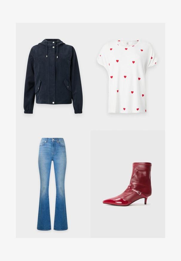 Veste en velours côtelé bleu foncé avec capuche, boutons-pression à l'avant, poignets élastiques et deux poches à rabat avec fermetures par pression.; Chemise blanche à manches courtes avec col rond, décorée de petits motifs de cœurs rouges uniformément espacés sur le devant et les manches.; Jean en denim bleu clair taille haute avec jambes évasées, bouton sur le devant et design à cinq poches sur fond uni.; Bottines synthétiques rouges à talon aiguille, avec une finition brillante et un bout pointu. Elles possèdent une sangle avec une boucle en métal et un soufflet élastiqué.