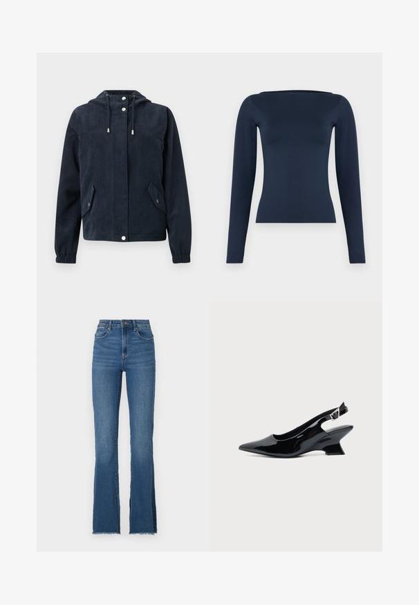 Veste en velours côtelé bleu foncé avec capuche, boutons-pression à l'avant, poignets élastiques et deux poches à rabat avec fermetures par pression.; Haut féminin bleu marine à manches longues, cintré, avec un large col bateau et une finition en tissu lisse et extensible.; Jean en denim bleu évasé avec taille haute, présentant un ourlet effiloché et un design à cinq poches. Texture lisse avec un dégradé subtil.; Chaussure slingback en cuir verni noir avec bout pointu et petit talon bloc incliné sur fond clair uni.