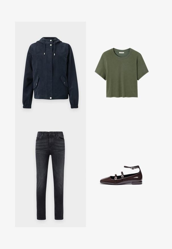 Donkerblauwe corduroy jas met kap, drukknopen aan de voorkant, elastische manchetten en twee klepzakken met druksluitingen.; Olijfgroene cropped t-shirt gemaakt van zacht katoenmateriaal met een ronde hals en korte mouwen, met een ontspannen pasvorm en een eenvoudig ontwerp.; Zwarte denim jeans met een rechte pasvorm. Voorzien van vijf zakken, een knoopsluiting en lussen voor de riem. De stof heeft een gladde textuur en een lichte stretch.; Bruine gepatineerde leren ballerina's met een spitse neus, voorzien van twee verstelbare banden en zilveren gespen, en een lage, vierkante hak.