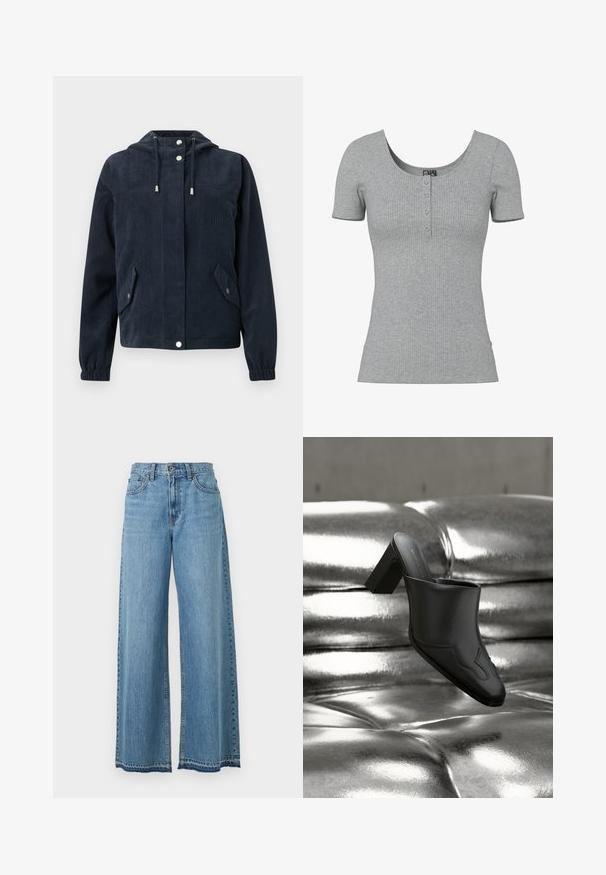 Veste en velours côtelé bleu foncé avec capuche, boutons-pression à l'avant, poignets élastiques et deux poches à rabat avec fermetures par pression.; Haut gris côtelé à manches courtes avec un col rond en U et quatre petits boutons en ligne au centre devant.; Jean large taille haute bleu clair avec boutons à l'avant, fermeture éclair et design classique à cinq poches sur fond blanc.; Mule en cuir noir avec talon bloc reposant sur une surface argentée brillante capitonnée, mettant en valeur son design élégant et ses détails incurvés.