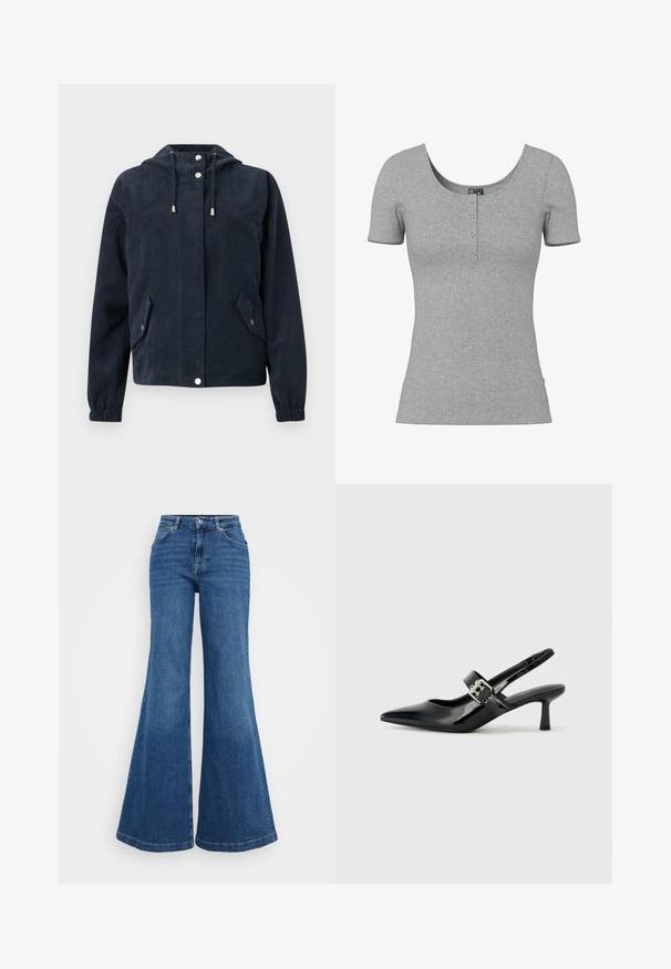 Chaqueta azul oscuro de pana con capucha, botones a presión en la parte delantera, puños elásticos y dos bolsillos con solapa y cierre de botón a presión.; Top gris de manga corta con costillas, escote en forma de U y cuatro pequeños botones en el centro delantero.; Vaqueros de mezclilla azul acampanados con cintura alta, que cuentan con un clásico diseño de cinco bolsillos y una textura suave. El dobladillo es ancho y está terminado.; Zapatos de tacón en charol negro con tira al tobillo, punta afilada y un pequeño tacón bloque, que cuentan con un acento de hebilla plateada en la correa.