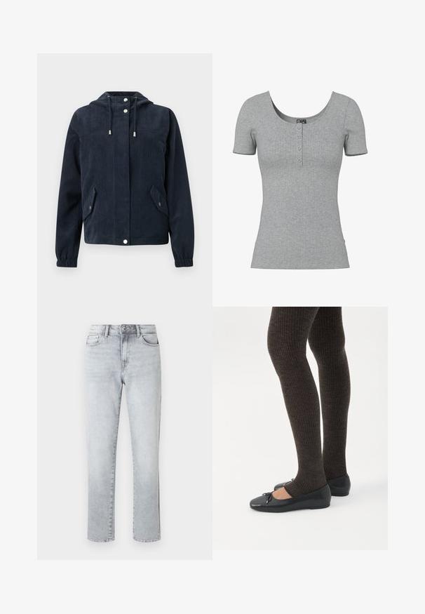 Veste en velours côtelé bleu foncé avec capuche, boutons-pression à l'avant, poignets élastiques et deux poches à rabat avec fermetures par pression.; Haut gris côtelé à manches courtes avec un col rond en U et quatre petits boutons en ligne au centre devant.; Jean droit gris clair avec fermeture à bouton, poches avant et passants pour ceinture, présenté sur un fond blanc uni.; Jambes portant des leggings côtelés foncés associés à des ballerines noires avec de petits détails en nœud sur fond blanc.