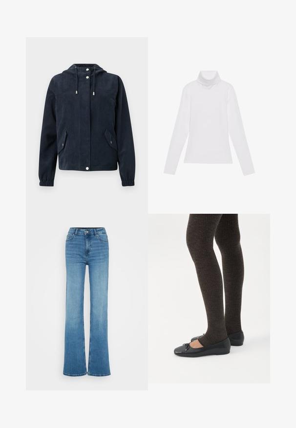 Dunkelblaue Cordjacke mit Kapuze, vorderen Druckknöpfen, elastischen Bündchen und zwei Klappentaschen mit Druckknopfverschluss.; Weißes Langarm-Turtleneck-Oberteil aus glattem, elastischem Stoff. Mit hohem Kragen und tailliertem Schnitt, ohne sichtbare Muster oder Verzierungen.; Hellblaue Jeans mit hoher Taille, weiten Beinen, Knopf- und Reißverschluss vorne sowie Taschen vorne und hinten.; Beine in dunklen, gerippten Leggings kombiniert mit schwarzen Ballerinas mit kleinen Schleifendetails auf weißem Hintergrund.