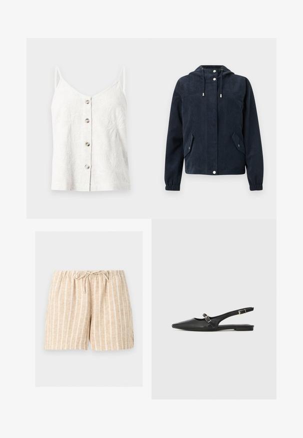 Veste en velours côtelé bleu foncé avec capuche, boutons-pression à l'avant, poignets élastiques et deux poches à rabat avec fermetures par pression.; Haut blanc sans manches à boutons avec fines bretelles et motifs floraux brodés sur tissu léger.; Shorts en lin beige à rayures verticales blanches, taille élastique et lien à nouer à l'avant sur un fond uni clair.; Chaussures slingback en cuir noir avec un bout pointu, comprenant une lanière étroite et un accent de boucle argentée sur le côté. Semelle plate.