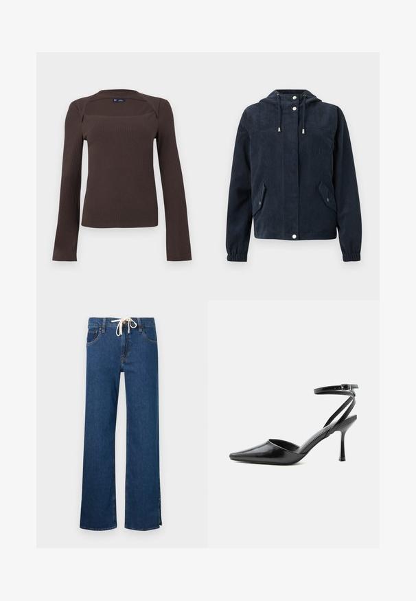 Veste en velours côtelé bleu foncé avec capuche, boutons-pression à l'avant, poignets élastiques et deux poches à rabat avec fermetures par pression.; Haut à manches longues côtelé de couleur marron foncé avec un col carré et un léger détail de col, étiquette taille petite de GAP, présenté sur un fond uni.; Pantalon droit en denim bleu avec poches avant, fermeture à boutons, et cordon blanc à la taille.; Escarpin noir à bout pointu avec fines brides de cheville et fermeture à boucle argentée sur fond clair uni.
