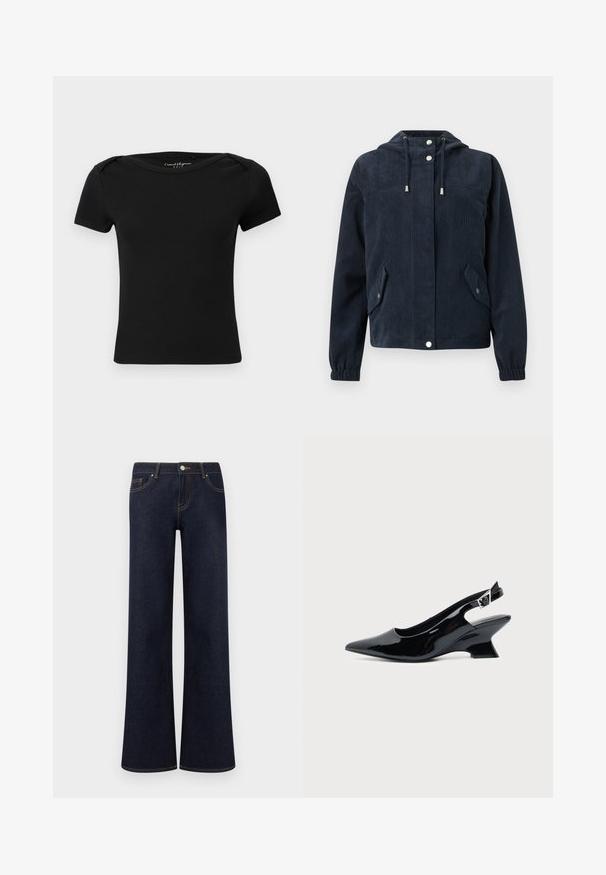 Veste en velours côtelé bleu foncé avec capuche, boutons-pression à l'avant, poignets élastiques et deux poches à rabat avec fermetures par pression.; Haut noir côtelé à manches courtes ajusté avec encolure bateau et étiquette "Casual Elegance ONLY" à l'intérieur du col.; Jean en denim bleu foncé à jambes larges avec poches avant, fermeture par bouton et fermeture éclair, et coutures contrastantes visibles.; Chaussure slingback en cuir verni noir avec bout pointu et petit talon bloc incliné sur fond clair uni.