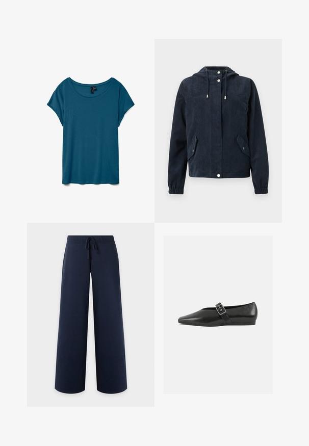 Veste en velours côtelé bleu foncé avec capuche, boutons-pression à l'avant, poignets élastiques et deux poches à rabat avec fermetures par pression.; T-shirt teal à manches courtes avec un col rond, fabriqué en tissu doux, offrant une coupe décontractée et une texture lisse.; Pantalon bleu marine à jambe large, taille élastique et cordon, vu de face sur fond uni clair.; Chaussure plate en cuir noir avec un orteil pointu, présentant une sangle à boucle métallique sur le cou-de-pied et une semelle basse et flexible.
