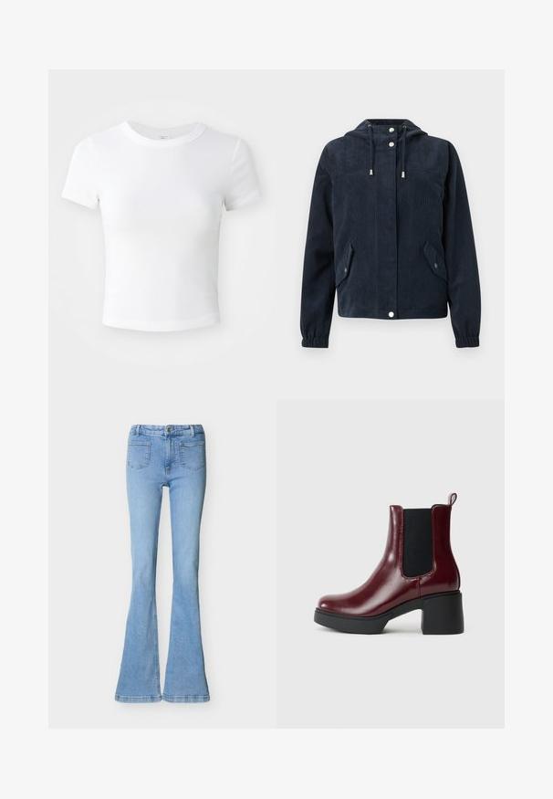 Dunkelblaue Cordjacke mit Kapuze, vorderen Druckknöpfen, elastischen Bündchen und zwei Klappentaschen mit Druckknopfverschluss.; Weißes, kurzärmeliges, cropped T-Shirt mit Rundhalsausschnitt, auf einem neutralen, hellen Hintergrund präsentiert.; Hellblaue Denim-Flare-Jeans mit vorderen aufgesetzten Taschen, Knopf- und Reißverschluss, flach auf weißem Hintergrund ausgelegt.; Burgunderfarbene Lederstiefelette mit elastischen Seitenpaneelen, runder Zehenform und einem klobigen schwarzen Absatz, ausgestattet mit einer Zugschlaufe an der Rückseite.
