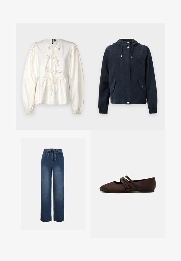 Chaqueta azul oscuro de pana con capucha, botones a presión en la parte delantera, puños elásticos y dos bolsillos con solapa y cierre de botón a presión.; Blusa blanca de manga larga con un cuerpo ajustado, fruncidos en las mangas y un detalle decorativo de lazo en el escote. Tela suave y lisa.; Jeans azul de mezclilla de tiro alto y pierna ancha con bolsillos frontales y un cinturón de tela a juego atado a la cintura.; Zapato plano marrón con punta afilada y dos finas tiras cruzadas sobre el empeine, detalles visibles de costura y un tacón bajo.