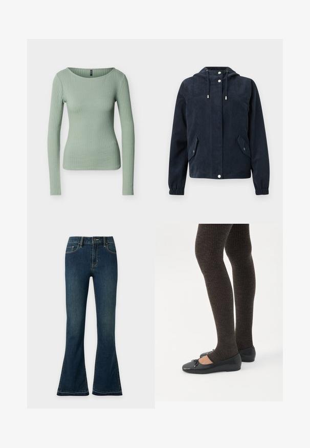 Veste en velours côtelé bleu foncé avec capuche, boutons-pression à l'avant, poignets élastiques et deux poches à rabat avec fermetures par pression.; Haut ajusté à manches longues côtelé de couleur vert clair avec un col rond, présenté sur un fond blanc uni.; Jean taille haute bleu foncé avec jambes évasées, bouton et fermeture éclair à l'avant, et design à cinq poches sur un fond clair uni.; Jambes portant des leggings côtelés foncés associés à des ballerines noires avec de petits détails en nœud sur fond blanc.