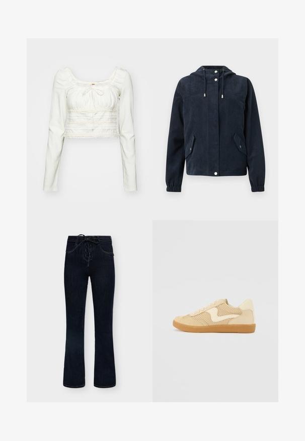 Dunkelblaue Cordjacke mit Kapuze, vorderen Druckknöpfen, elastischen Bündchen und zwei Klappentaschen mit Druckknopfverschluss.; Langärmliges, weißes, kurzes Oberteil mit quadratischem Ausschnitt, Kordelzug-Detail und Spitzenbesatz über der Brust und am Saum, mit gerafftem Muster.; Dunkelblaue Jeans aus Denim mit leicht ausgestelltem Bein und Schnürverschluss vorne, mit Vordertaschen und sichtbaren Nahtdetails.; Beige Sneaker aus Wildleder und Mesh-Materialien, runde Form, auffälliger gepolsterter Kragen und eine Sohle aus Gummi. Verfügt über ein wellenförmiges Design-Highlight.