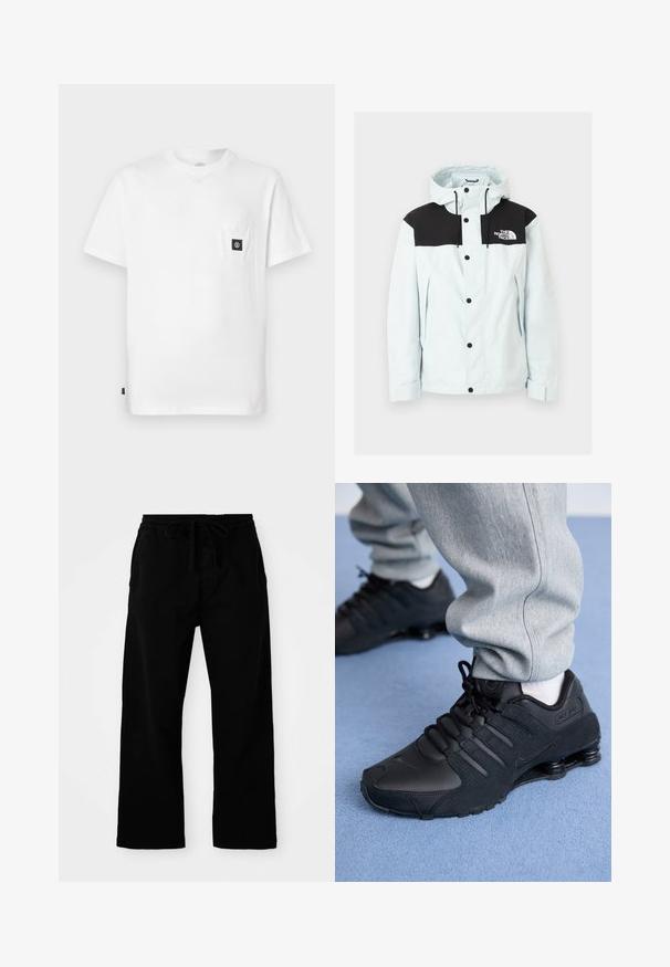 Wit-zwart gewatteerd jack met capuchon, knopen aan de voorkant, ritszakken aan de zijkant, verstelbare manchetten en het "The North Face"-logo op de borst.; Witte katoenen T-shirt met een ronde hals, korte mouwen en een borstzakje met een zwarte logo-patch. Gladde textuur, losse pasvorm.; Zwarte broek met elastische tailleband en verstelbaar trekkoord, met wijde pijpen en een gladde katoentextuur. Geen zichtbare patronen of hardwaredetails.; Persoon in zwarte Nike Shox sneakers en een grijze joggingbroek staand op een lichtblauw tapijt.
