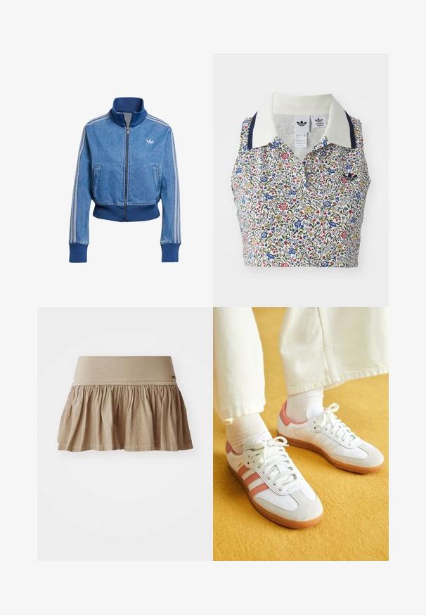 Blå denim zip-up jakke med høj krave, ribbede manchetter og kant, samt tre hvide striber langs ærmerne. Adidas-logo på brystet.; Blomstret cropped bluse med hvid bund og blomster i blå, rød og gul. Inkluderer en hvid krave med marineblå detaljer og et broderet logo.; Beige bomuldsnederdel med en rynket kant, der har et bredt elastisk taljebånd. Let materiale med en blød tekstur og afslappet design.; Hvide sportsko med lyserøde accenter, lavet af ruskind og læder, rund tå og gummisål, vist med lyse sokker på en gul baggrund.