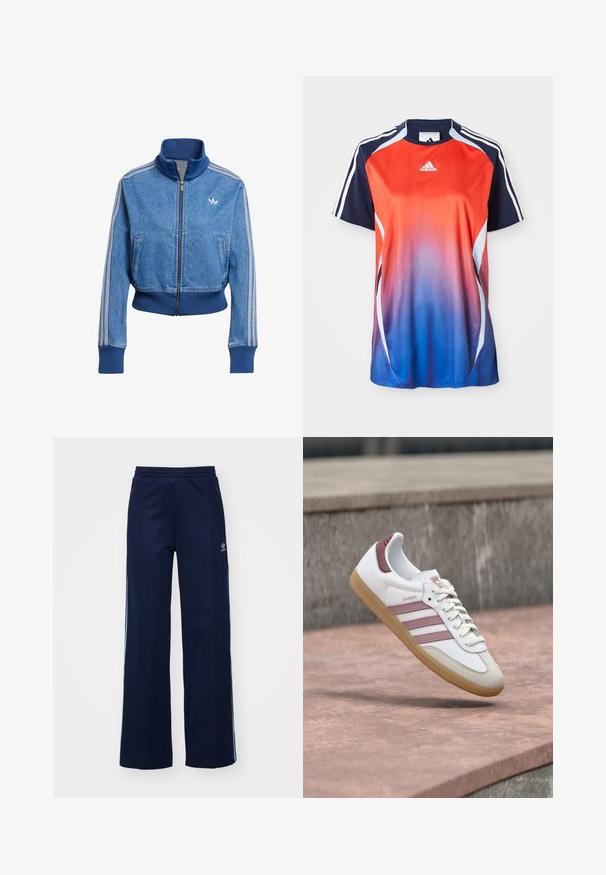 Chaqueta de mezclilla azul con cremallera, que cuenta con un cuello alto, puños y dobladillo acanalados, y tres rayas blancas a lo largo de las mangas. Logo de Adidas en el pecho.; Camisa deportiva de manga corta de Adidas con un degradado que va del rojo al azul, con detalles en azul marino y rayas blancas a lo largo de los hombros.; Pantalones de chándal de mezcla de algodón en color marino con diseño de pierna ancha, cinturilla elástica y bolsillos con cremallera, con franjas laterales blancas y detalle de logotipo.; Zapatilla Adidas Samba blanca y rosa con suela de goma flotando sobre una superficie de piedra y con un fondo desenfocado de pared de piedra.