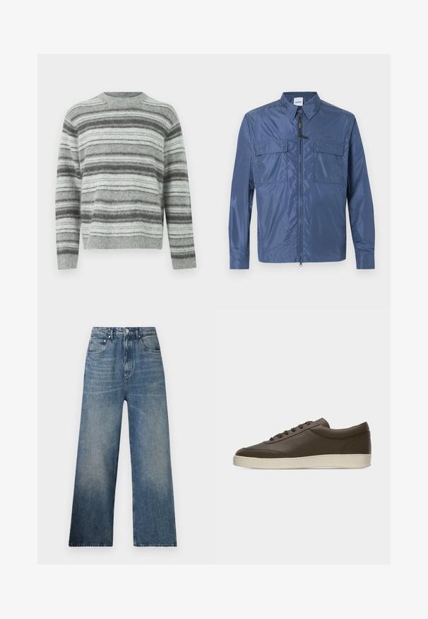 Veste légère bleue à manches longues avec fermeture éclair frontale, deux poches à rabat sur la poitrine et un col pointu.; Pull gris clair avec des rayures horizontales gris foncé et blanches, fabriqué en matière tricotée douce, doté d'un col rond et de manches longues.; Jean large en denim bleu à taille haute, avec une légère décoloration, cinq poches et une fermeture à bouton en métal à l'avant.; Baskets basses en cuir marron foncé avec lacets sur le devant et semelle en caoutchouc couleur crème, vues de côté extérieur sur fond blanc.