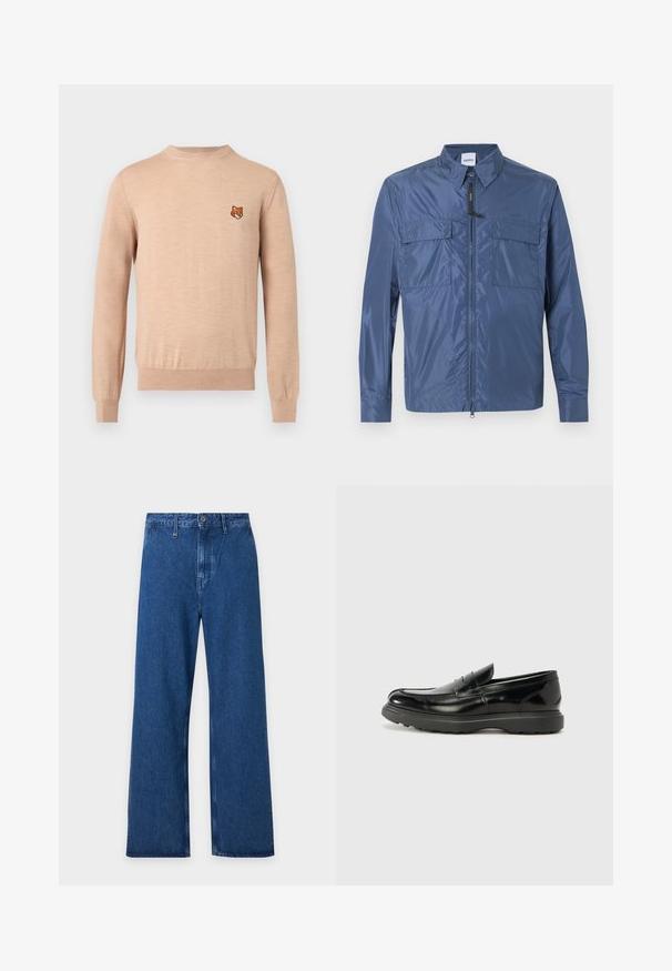 Veste légère bleue à manches longues avec fermeture éclair frontale, deux poches à rabat sur la poitrine et un col pointu.; Pull beige à manches longues avec col rond, poignets et ourlet côtelés, arborant un petit emblème de tête de renard orange sur le côté gauche de la poitrine.; Jean bleu à jambes larges avec passants de ceinture, fermeture à boutons et taille haute, présenté à plat sur un fond clair.; Mocassin en cuir noir avec une finition brillante, bout arrondi, détails de couture subtils et semelle en caoutchouc épaisse pour la durabilité.
