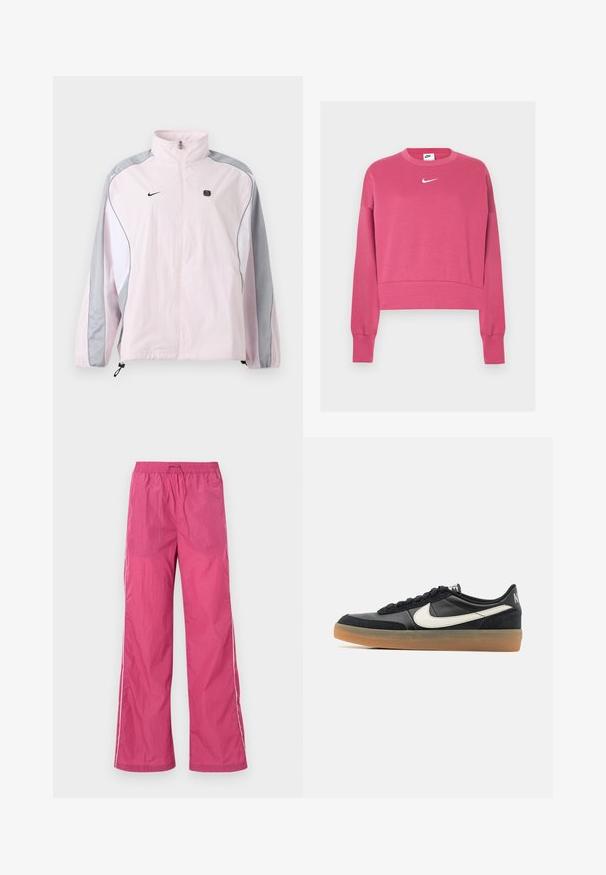 Svetloružová športová bunda so sivými a bielymi panelmi, predný zips, elastické manžety, logo Nike na ľavej časti hrude a malý čierny štvorcový emblém na pravej časti hrude.; Ružový krátky sveter z bavlnenej zmesi s dlhými rukávmi, rebrovanými manžetami a lemom, s bielym logom Nike na hrudi.; Ružové ľahké nohavice s elastickým pásom, širokým strihom a bielymi bočnými pruhmi. Hladká textúra, vhodné na neformálne nosenie.; Čierna atletická obuv s textúrovaným koženým vrchom, bielym logom Swoosh a gumovou podrážkou. Šnurovací dizajn s polstrovaním v oblasti goliera.