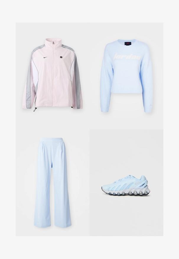 Chaqueta deportiva de color rosa claro con paneles grises y blancos, cremallera frontal, puños elásticos, logo de Nike en el pecho izquierdo y pequeño emblema negro cuadrado en el pecho derecho.; Suéter recortado azul claro, hecho de una suave tela texturada. Presenta un gran logo blanco de "jordan" en la parte delantera y un pequeño logo en la manga.; Pantalones de pierna ancha de color azul claro con una textura suave, cinturilla elástica y detalles plisados en la parte frontal. Fabricados con un tejido suave.; Zapatilla deportiva azul claro con suela de cojín de aire translúcida y segmentada, y paneles laterales de malla, mostrada de perfil sobre un fondo blanco.