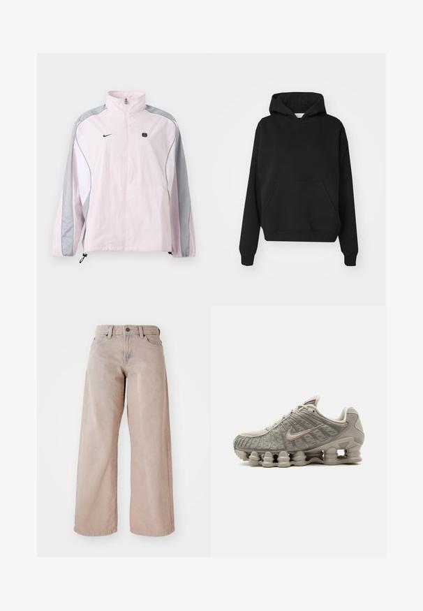 Chaqueta deportiva de color rosa claro con paneles grises y blancos, cremallera frontal, puños elásticos, logo de Nike en el pecho izquierdo y pequeño emblema negro cuadrado en el pecho derecho.; Gina Tricot ICONIC HOODIE - Jersey con capucha - black; Jeans amplios beige con una cintura alta, diseño de cinco bolsillos y cierre de botón. La tela tiene una textura suave y un ligero desvanecimiento en la parte frontal.; Zapatilla Nike Shox beige clara con suela acolchada visible en forma de columna y detalles en malla en la parte superior.