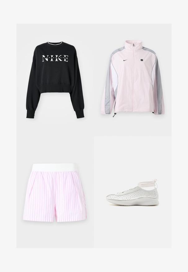 Hellrosa Sportjacke mit grauen und weißen Paneelen, Frontreißverschluss, elastischen Bündchen, Nike-Logo auf der linken Brust und kleinem schwarzem quadratischem Emblem auf der rechten Brust.; Schwarzer, gekürzter Pullover aus Baumwolle mit weißem Druck "NIKE" und "SPORTSWEAR", mit gerippten Bündchen und Kragen.; Weiß- und rosa gestreifte Shorts mit breitem weißem elastischem Bund und Seitentaschen vor einfarbigem Hintergrund.; Weißer Nike Air Sneaker mit perforierten Seiten und hellrosa Schnürsenkeln, die den Knöchel umwickeln, in Seitenansicht vor weißem Hintergrund.