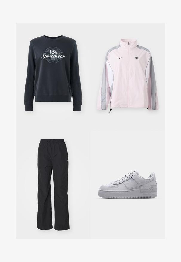 Svetloružová športová bunda so sivými a bielymi panelmi, predný zips, elastické manžety, logo Nike na ľavej časti hrude a malý čierny štvorcový emblém na pravej časti hrude.; Tmavomodrá mikina z mäkkého materiálu, s okrúhlym výstrihom, dlhými rukávmi a grafickým logom "Nike Sportswear" na prednej strane.; Čierne, ľahké nohavice s elastickým pásom a šnúrkou. Majú textúrovaný povrch a malú reflexnú nášivku na boku.; Šedé tenisky Nike Air Force 1 s perforovanou špičkou, hladkým koženým zvrškom, hrubou podrážkou a embosovaným detailom 'AIR' na päte.