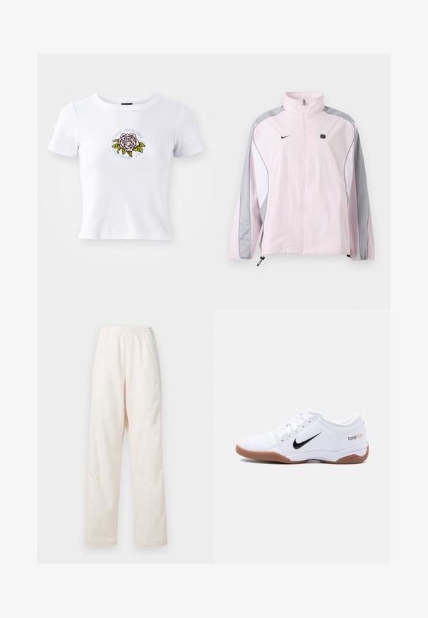 Lyserød sportjakke med grå og hvide paneler, lynlås foran, elastiske manchetter, Nike-logo på venstre bryst og lille sort firkantet emblem på højre bryst.; Hvid kortærmet t-shirt med tætsiddende design, som har et centreret broderet rosen grafisk motiv og cirkulær tekst omkring blomsten.; Løse, cremefarvede bukser med elastisk talje og lige ben, vist mod en ensfarvet hvid baggrund.; Hvid Nike Total 90 III indendørs fodboldstøvle med sort swoosh-logo og gummisål, vist fra siden på en ensfarvet baggrund.