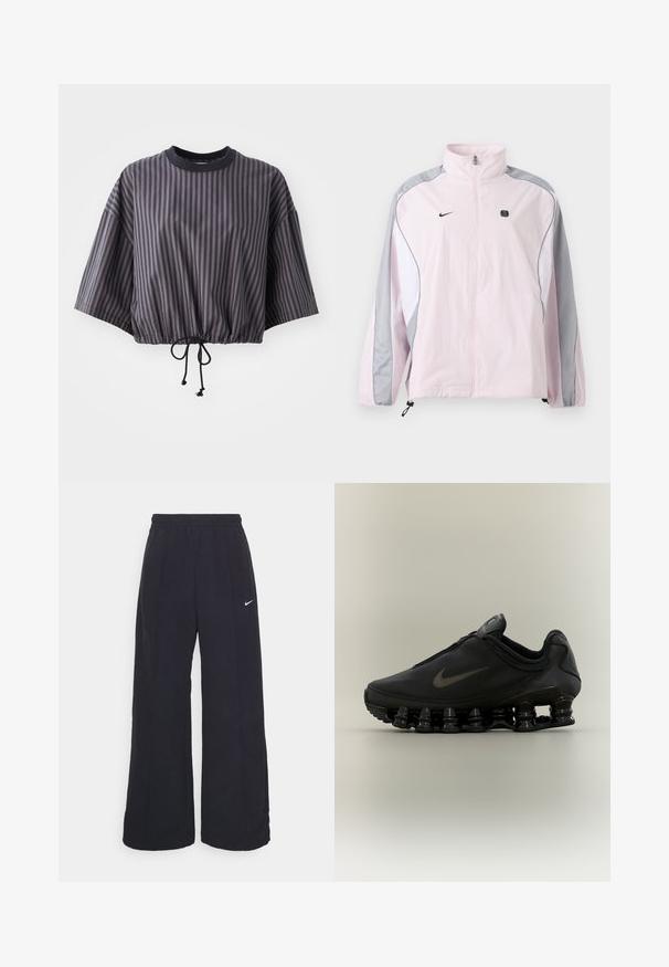 Lichtroze sportjack met grijze en witte panelen, ritssluiting aan de voorkant, elastische manchetten, Nike-logo op de linkerborst en een klein zwart vierkant embleem op de rechterborst.; Ingekorte, kortemouwen top in donkergrijs met verticale strepen. Heeft een trekkoord onderaan en een ronde halslijn met een contrasterende zwarte afwerking.; Zwarte wijde broek met een elastische tailleband en een klein wit Nike-logo. De stof heeft een soepele textuur, ontworpen voor comfort en casual gebruik.; Zwarte Nike-sneaker met een bovendeel met ritssluiting en een kenmerkende veerachtige, gesegmenteerde zool, weergegeven in zijaanzicht op een neutrale achtergrond.