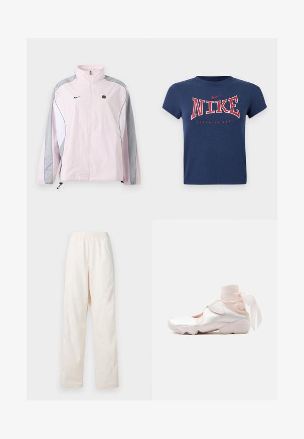 Lyserød sportjakke med grå og hvide paneler, lynlås foran, elastiske manchetter, Nike-logo på venstre bryst og lille sort firkantet emblem på højre bryst.; Mørkeblå t-shirt med korte ærmer med "NIKE" i store røde bogstaver og en lille rød Nike swoosh ovenover, "ATHLETIC DEPT." nedenunder.; Løse, cremefarvede bukser med elastisk talje og lige ben, vist mod en ensfarvet hvid baggrund.; Hvid og lyserød sneaker med blødt stofankelomslag bundet i en sløjfe, med justerbar rem og rundet sål.