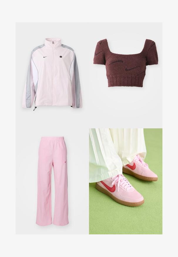 Chaqueta deportiva de color rosa claro con paneles grises y blancos, cremallera frontal, puños elásticos, logo de Nike en el pecho izquierdo y pequeño emblema negro cuadrado en el pecho derecho.; Top corto en malva con una tela texturizada, escote cuadrado, mangas cortas y dobladillo acanalado, con sutiles patrones oscuros en toda la prenda.; Pantalones rosa con cintura elástica y corte relajado. Presentan un logo rojo en el lado izquierdo y una textura suave y ligera.; Zapatillas de ante rosa con un logo rojo y cordones a juego. La suela es de goma marrón clara. Llevadas con pantalones blancos con pliegues sobre una superficie verde.