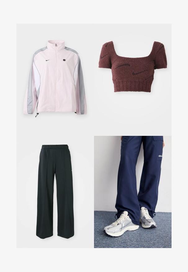 Lyserød sportjakke med grå og hvide paneler, lynlås foran, elastiske manchetter, Nike-logo på venstre bryst og lille sort firkantet emblem på højre bryst.; Lilla cropped top med et struktureret stof, firkantet halsudskæring, korte ærmer og ribbet kant, med subtile mørke mønstre gennemgående.; Sorte, brede atletiske bukser med elastisk talje. Lavet af glat, strækbart stof, med diskrete frontsyninger og ingen lommer.; Nike sportssko med en sølvfarvet mesh-overdel, hvide detaljer og strukturerede såler, parret med løstsiddende navy bukser.