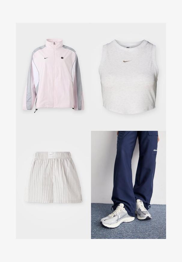 Hellrosa Sportjacke mit grauen und weißen Paneelen, Frontreißverschluss, elastischen Bündchen, Nike-Logo auf der linken Brust und kleinem schwarzem quadratischem Emblem auf der rechten Brust.; Weißes Crop-Top aus weichem, strukturiertem Stoff. Verfügt über einen runden Ausschnitt und einen ärmellosen Schnitt mit einem kleinen goldenen Nike-Logo auf der Vorderseite.; Hellgraue gestreifte Shorts aus weichem Stoff. Verfügt über einen elastischen Bund mit einem Nike-Logo-Tag in der Mitte.; Nike Sportschuhe mit einem silbernen Mesh-Obermaterial, weißen Akzenten und strukturierten Sohlen, kombiniert mit locker sitzenden marineblauen Hosen.