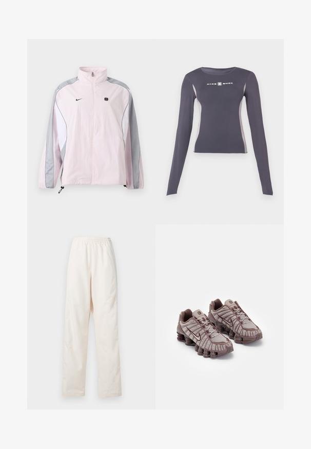 Svetloružová športová bunda so sivými a bielymi panelmi, predný zips, elastické manžety, logo Nike na ľavej časti hrude a malý čierny štvorcový emblém na pravej časti hrude.; Tmavošedý dlhý rukáv priliehavý športový top s svetlošedými bočnými panelmi a bielym logom "Nike Shox" na hrudi.; Voľné nohavice krémovej farby s elastickým pásom a rovnými nohavicami, zobrazené na bielom pozadí.; Nike Sportswear SHOX TL - Tenisky - pumice/night maroon/plum eclipse