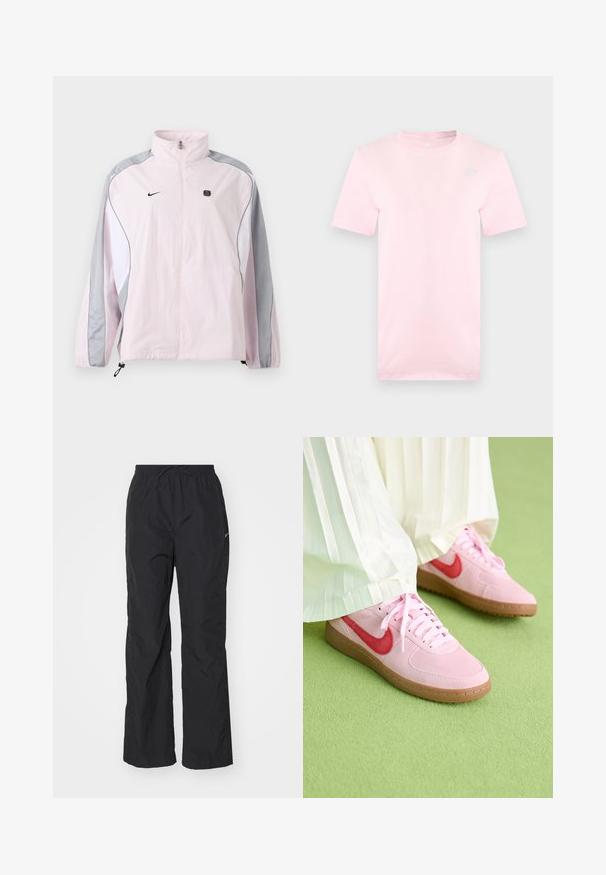 Svetloružová športová bunda so sivými a bielymi panelmi, predný zips, elastické manžety, logo Nike na ľavej časti hrude a malý čierny štvorcový emblém na pravej časti hrude.; Svetloružové tričko s krátkym rukávom a okrúhlym výstrihom s malým bielym logom Nike na ľavej hornej strane hrudníka.; Čierne, ľahké nohavice s elastickým pásom a šnúrkou. Majú textúrovaný povrch a malú reflexnú nášivku na boku.; Ružové semišové tenisky s červeným logom a zodpovedajúcimi šnúrkami. Podrážka je svetlohnedá guma. Nosené s bielymi plisovanými nohavicami na zelenej ploche.