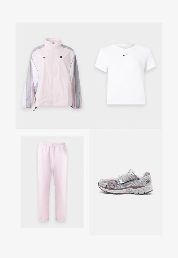 Chaqueta deportiva de color rosa claro con paneles grises y blancos, cremallera frontal, puños elásticos, logo de Nike en el pecho izquierdo y pequeño emblema negro cuadrado en el pecho derecho.; Camiseta corta de manga corta blanca de Nike con un pequeño logo negro de Nike Swoosh centrado justo debajo del escote.; Pantalones deportivos de cintura elástica en rosa claro con puños en los tobillos, mostrados planos sobre un fondo blanco.; Zapatilla deportiva de Nike con parte superior de malla blanca con detalles plateados, detalles en rosa y una suela gruesa, acolchada y texturizada.