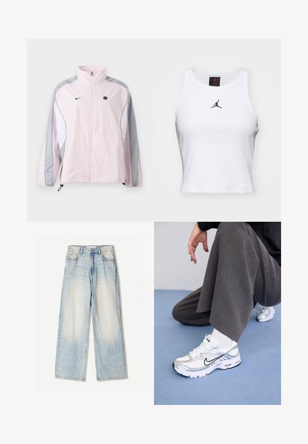 Svetloružová športová bunda so sivými a bielymi panelmi, predný zips, elastické manžety, logo Nike na ľavej časti hrude a malý čierny štvorcový emblém na pravej časti hrude.; Biely crop tank top vyrobený z bavlny s rebrovanou textúrou. Obsahuje čierne logo Jordan v strede a klasický okrúhly výstrih.; Svetlomodré džínsové nohavice so širokými nohavicami, obsahujúce päť vreciek, jemné vyblednutie a viditeľné švy pozdĺž švov.; Biele a strieborné športové topánky s jemnou sieťovinou a syntetickými materiálmi, so čiernymi akcentmi, šnúrkami a textúrovanými podrážkami.