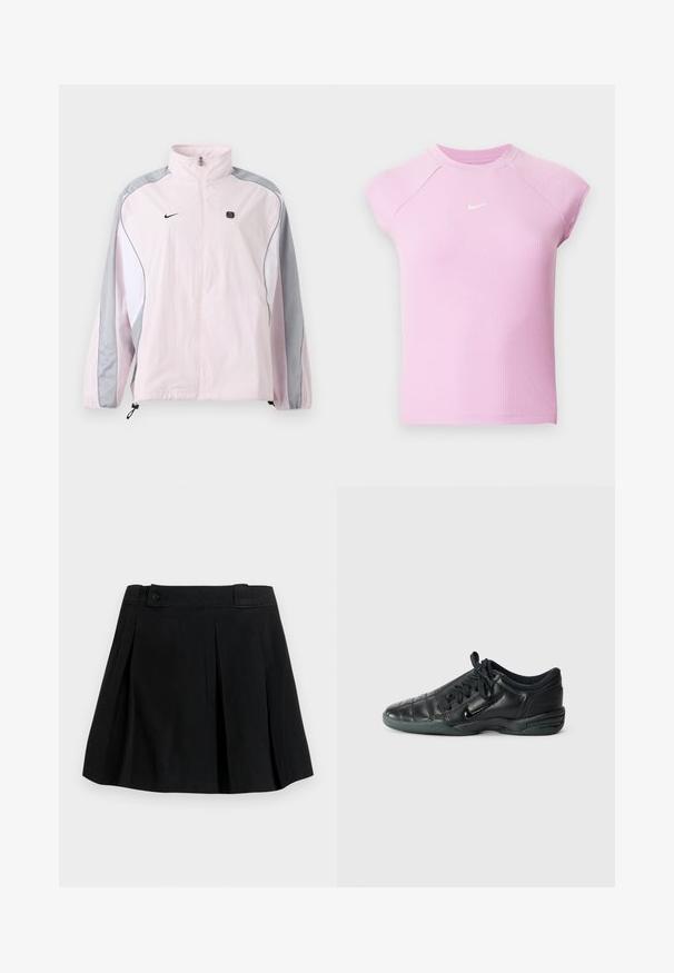 Veste de sport rose clair avec des panneaux gris et blancs, fermeture éclair à l'avant, poignets élastiques, logo Nike sur la poitrine gauche et petit emblème carré noir sur la poitrine droite.; Haut de sport à manches courtes côtelé rose clair avec encolure ronde et petit logo Nike swoosh blanc centré sur la poitrine.; Jupe plissée noire avec ceinture et détail bouton, longueur genou, en tissu lisse, présentée sur un fond clair uni.; Chaussure de sport en cuir noir avec un design matelassé, bout arrondi, lacets à l'avant et semelle en caoutchouc. Présente une marque discrète sur le côté.