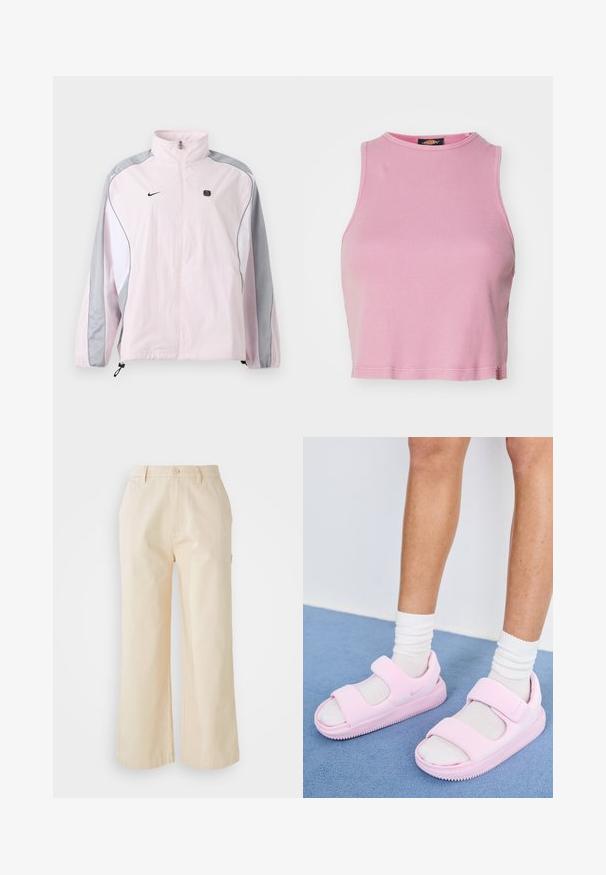 Svetloružová športová bunda so sivými a bielymi panelmi, predný zips, elastické manžety, logo Nike na ľavej časti hrude a malý čierny štvorcový emblém na pravej časti hrude.; Ružový rebrovaný crop top s okrúhlym výstrihom a bezrukávovým dizajnom. Má lemovanie končiace tesne nad pásom.; Svetlosivé široké nohavice vyrobené z bavlny s hladkou textúrou, s predným zapínaním na gombík a bočnými vreckami.; Ružové športové sandále so širokým popruhom a otvoreným prstom, vyrobené z mäkkého materiálu, s textúrovanou podrážkou pre lepšiu priľnavosť.